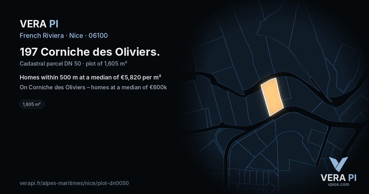 197 Corniche des Oliviers, Nice at night – the plot lit, the parcels around coloured by the prices near them