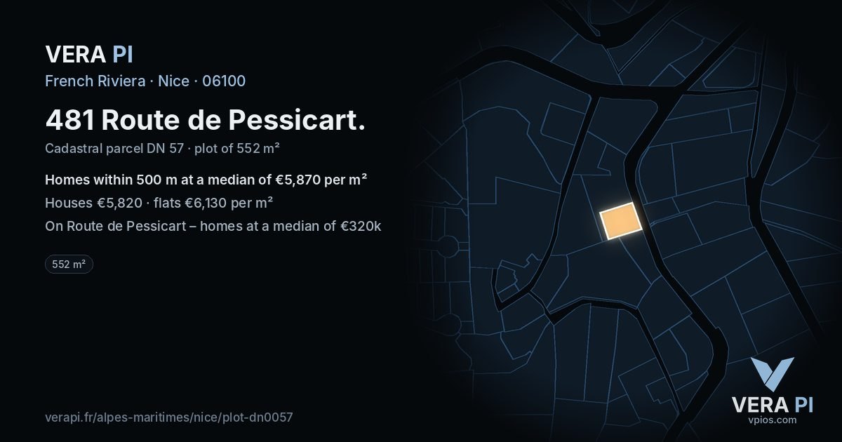 481 Route de Pessicart, Nice at night – the plot lit, the parcels around coloured by the prices near them