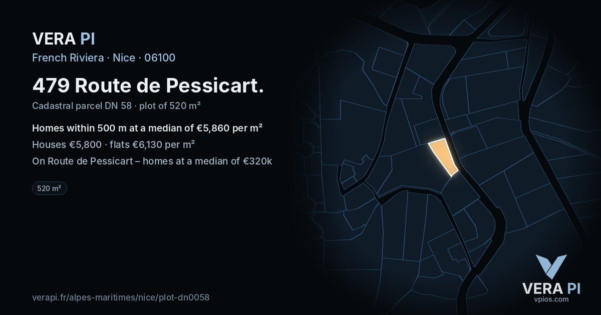 479 Route de Pessicart, Nice at night – the plot lit, the parcels around coloured by the prices near them