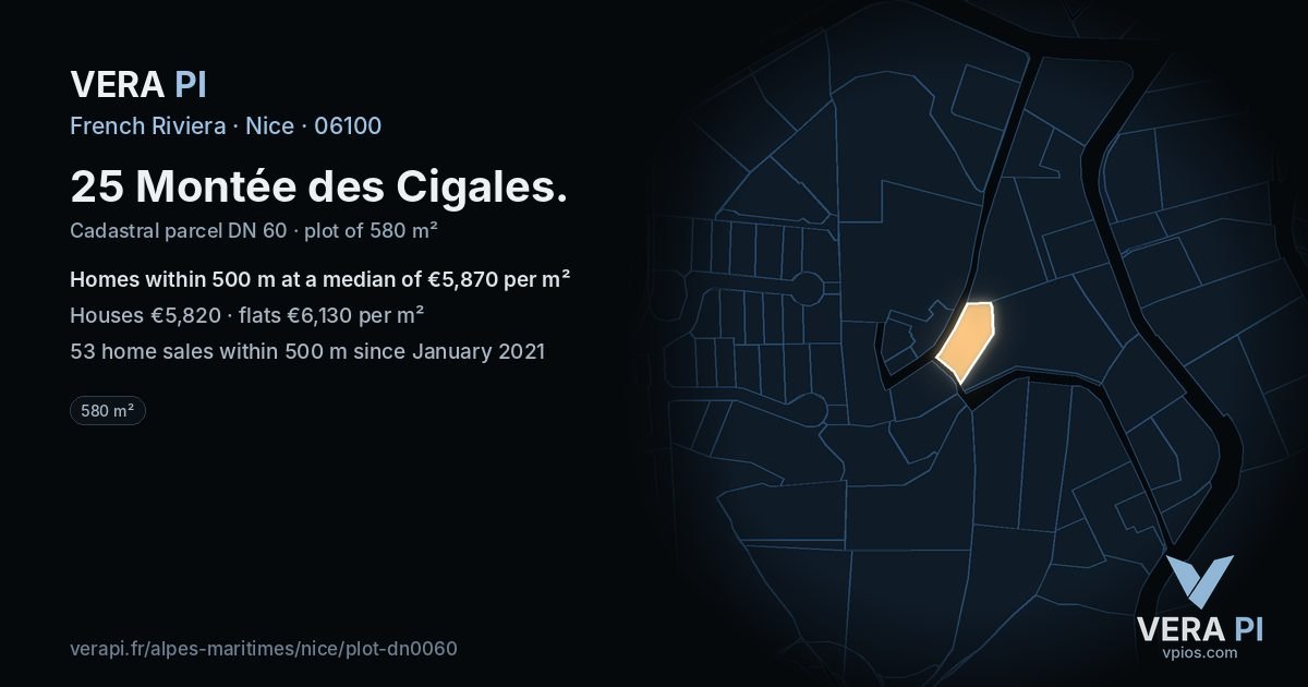 25 Montée des Cigales, Nice at night – the plot lit, the parcels around coloured by the prices near them