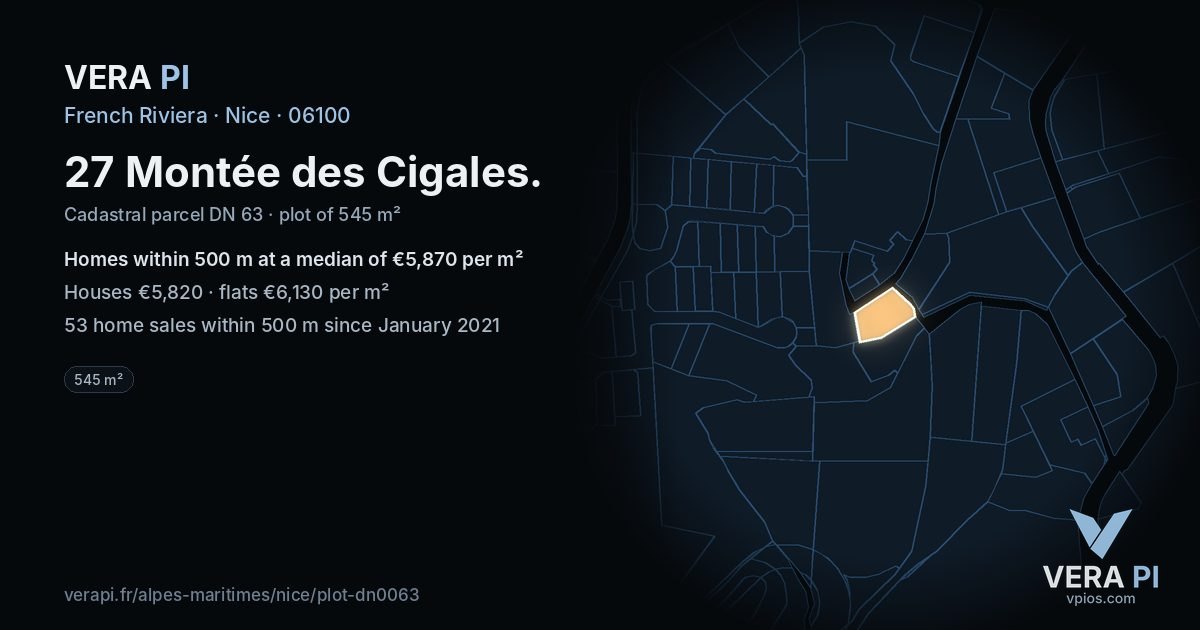 27 Montée des Cigales, Nice at night – the plot lit, the parcels around coloured by the prices near them