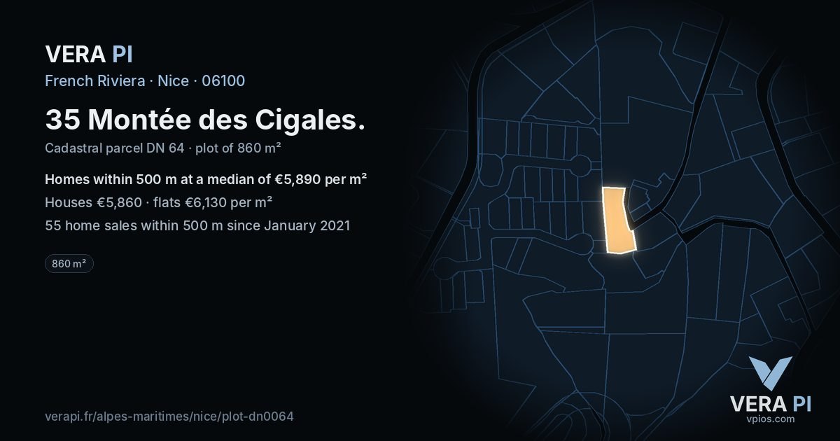 35 Montée des Cigales, Nice at night – the plot lit, the parcels around coloured by the prices near them