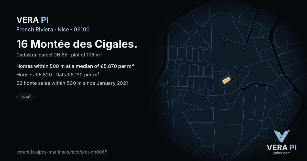 16 Montée des Cigales, Nice at night – the plot lit, the parcels around coloured by the prices near them