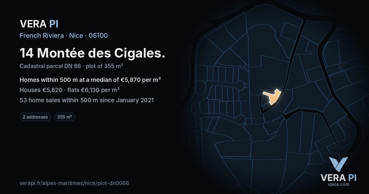 14 Montée des Cigales, Nice at night – the plot lit, the parcels around coloured by the prices near them