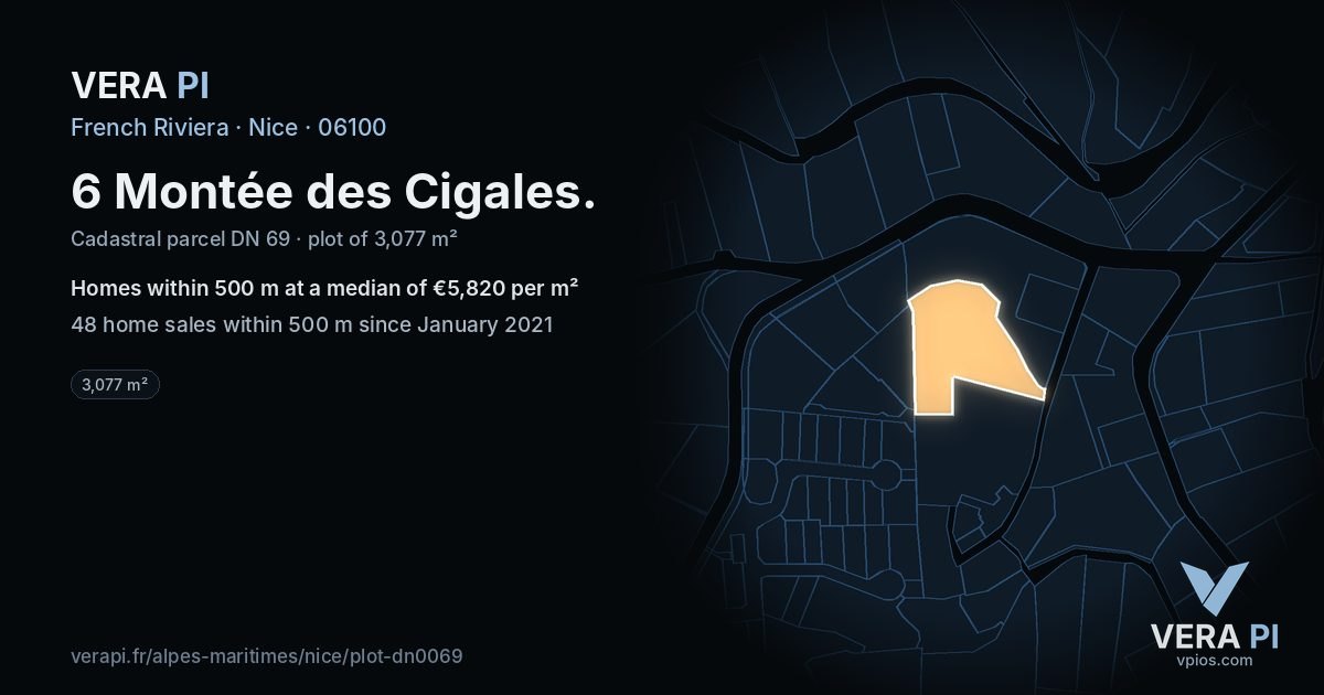 6 Montée des Cigales, Nice at night – the plot lit, the parcels around coloured by the prices near them