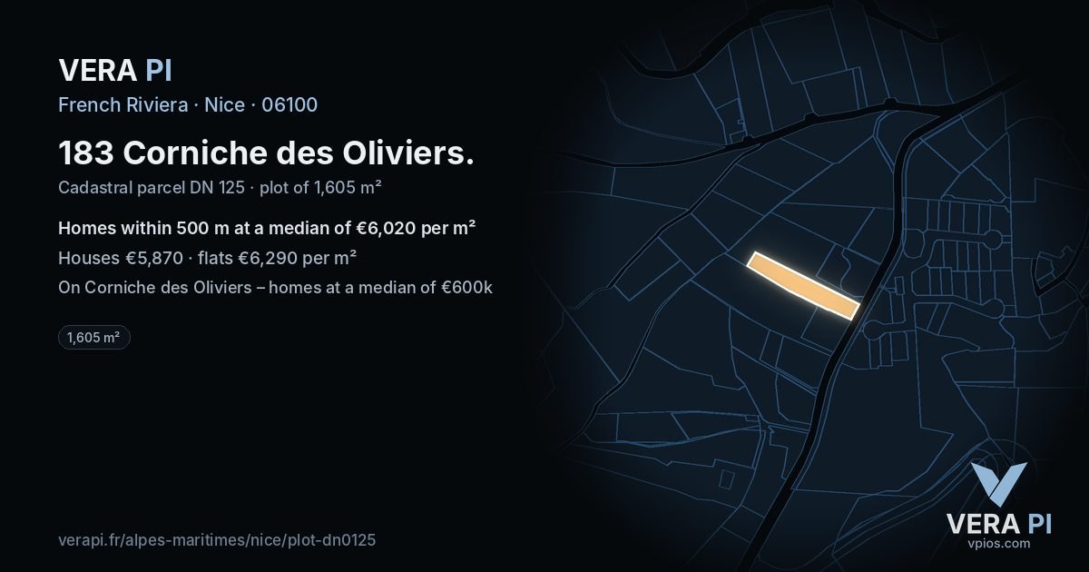 183 Corniche des Oliviers, Nice at night – the plot lit, the parcels around coloured by the prices near them