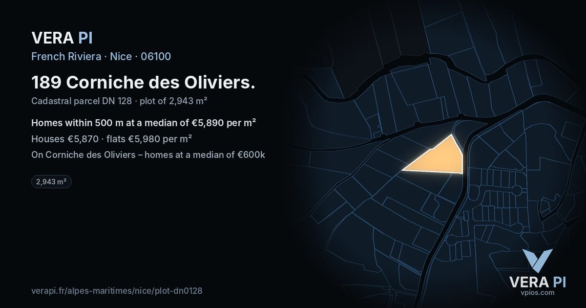 189 Corniche des Oliviers, Nice at night – the plot lit, the parcels around coloured by the prices near them