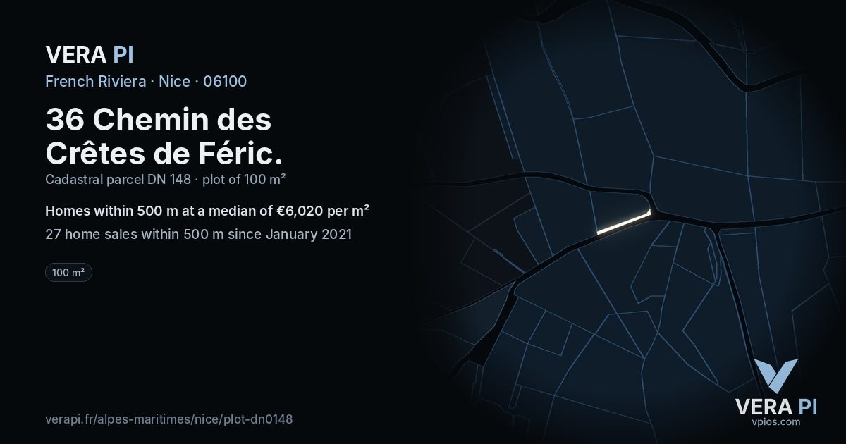 36 Chemin des Crêtes de Féric, Nice at night – the plot lit, the parcels around coloured by the prices near them
