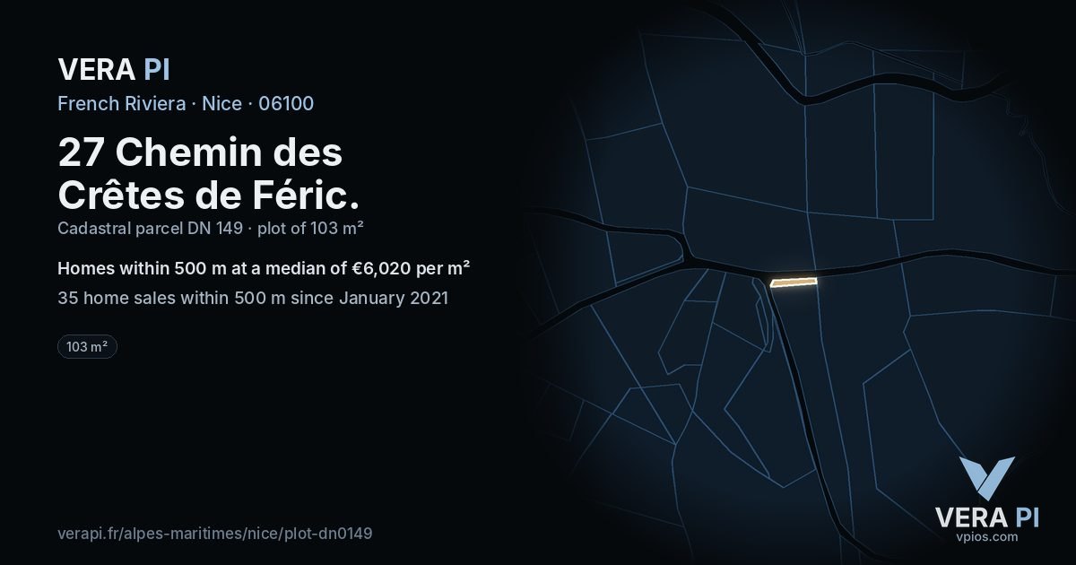 27 Chemin des Crêtes de Féric, Nice at night – the plot lit, the parcels around coloured by the prices near them