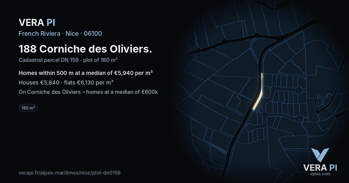 188 Corniche des Oliviers, Nice at night – the plot lit, the parcels around coloured by the prices near them
