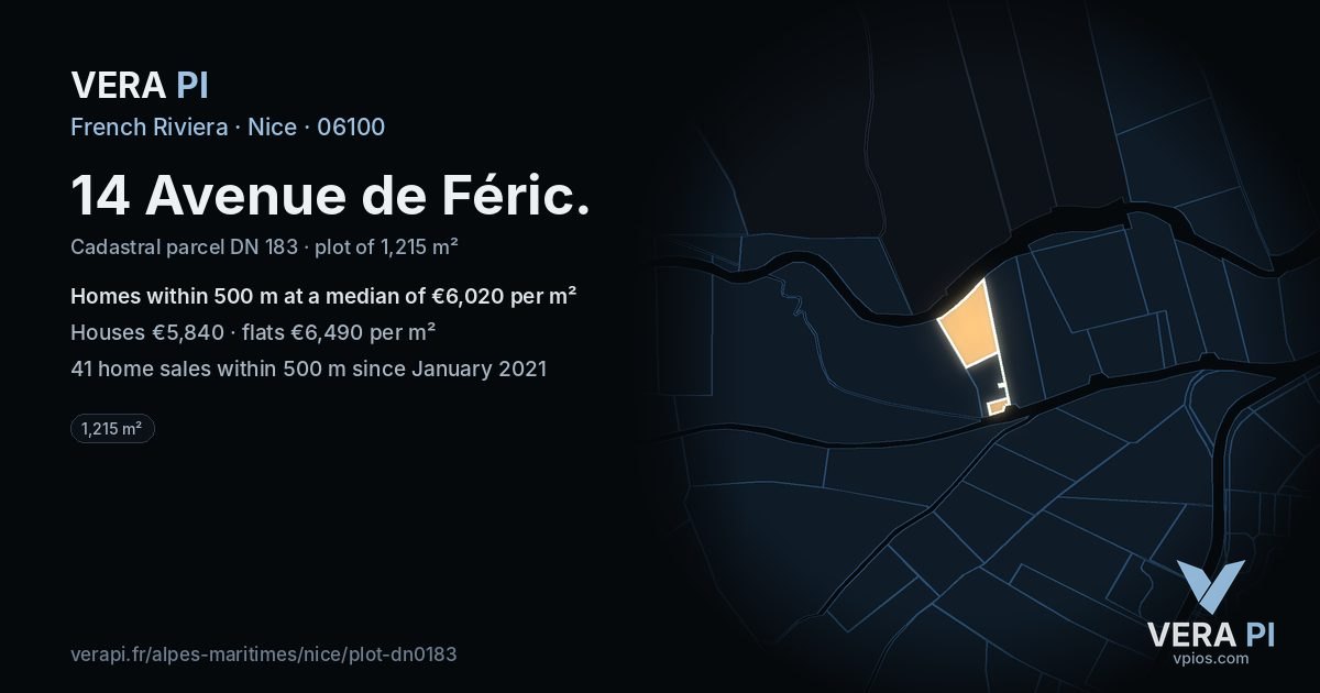 14 Avenue de Féric, Nice at night – the plot lit, the parcels around coloured by the prices near them