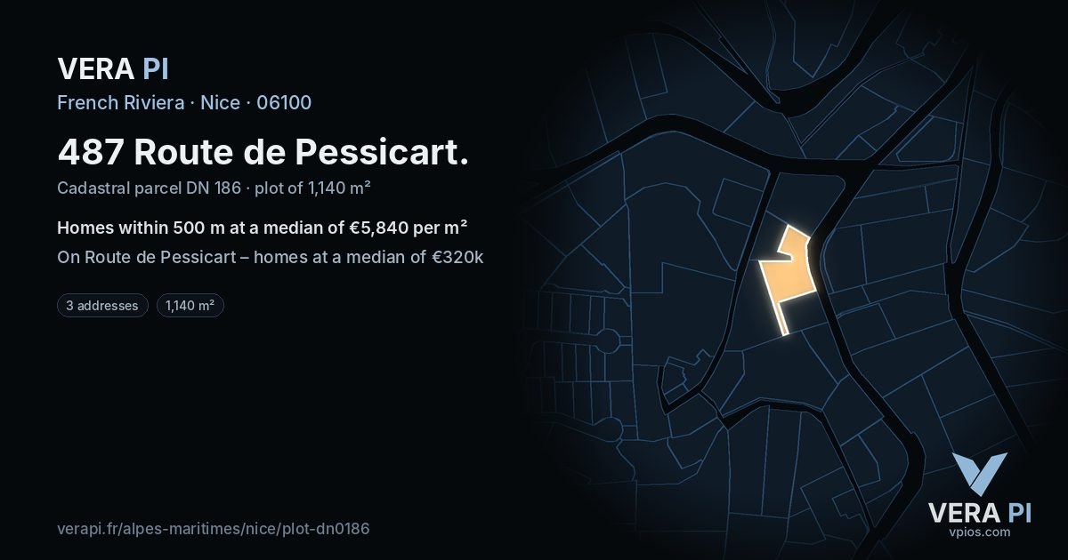 487 Route de Pessicart, Nice at night – the plot lit, the parcels around coloured by the prices near them