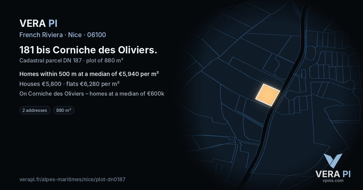 181 bis Corniche des Oliviers, Nice at night – the plot lit, the parcels around coloured by the prices near them