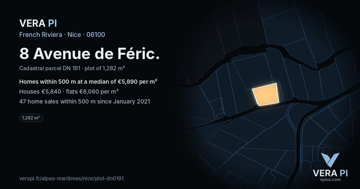 8 Avenue de Féric, Nice at night – the plot lit, the parcels around coloured by the prices near them