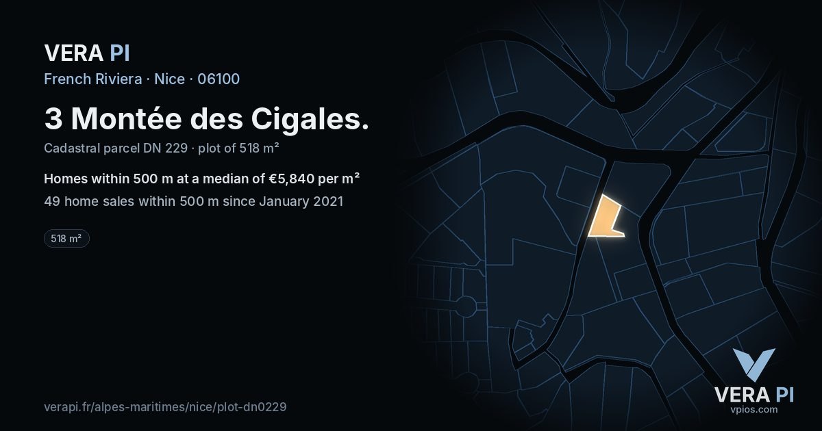 3 Montée des Cigales, Nice at night – the plot lit, the parcels around coloured by the prices near them