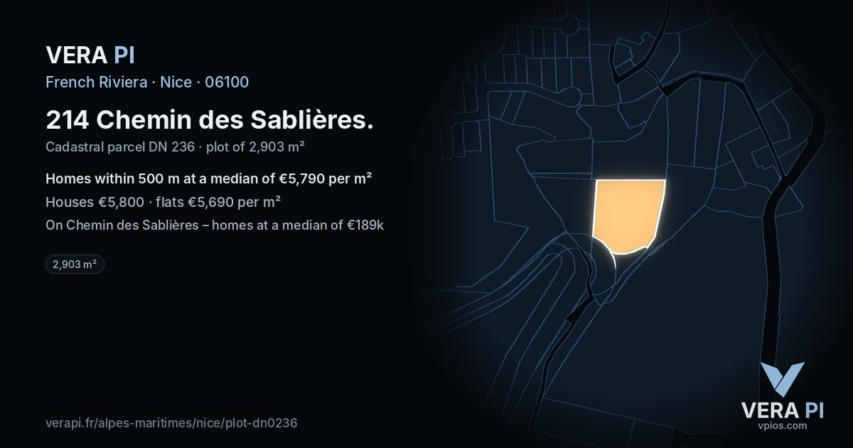 214 Chemin des Sablières, Nice at night – the plot lit, the parcels around coloured by the prices near them