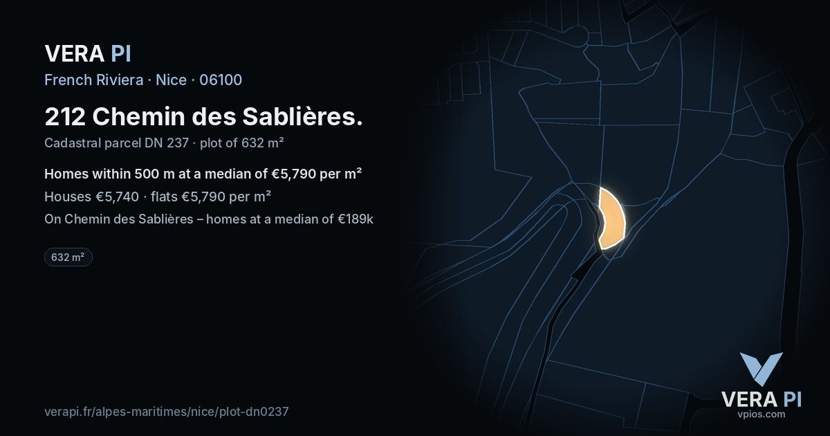 212 Chemin des Sablières, Nice at night – the plot lit, the parcels around coloured by the prices near them