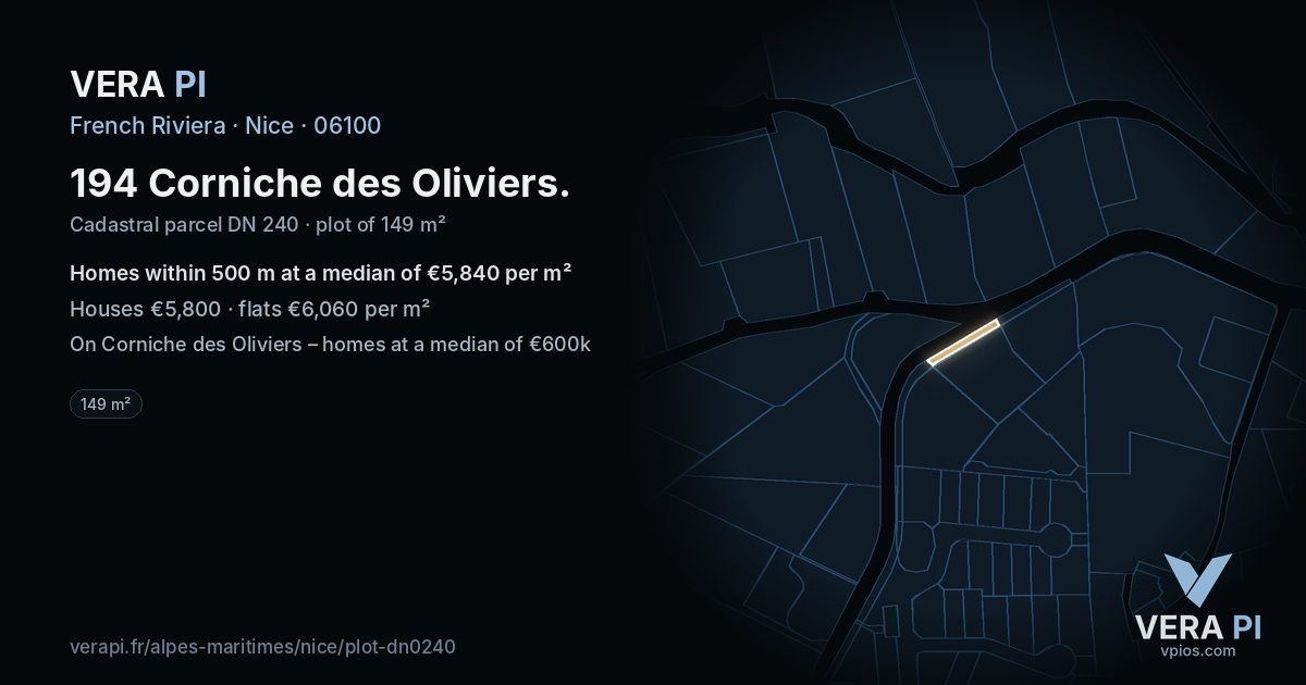 194 Corniche des Oliviers, Nice at night – the plot lit, the parcels around coloured by the prices near them
