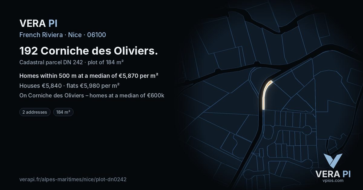 192 Corniche des Oliviers, Nice at night – the plot lit, the parcels around coloured by the prices near them