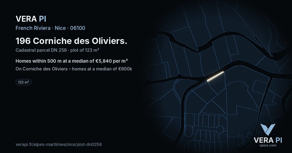 196 Corniche des Oliviers, Nice at night – the plot lit, the parcels around coloured by the prices near them