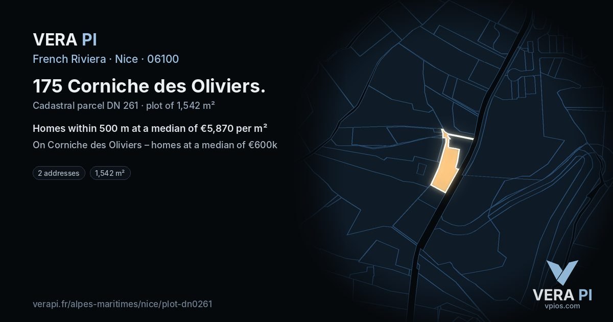 175 Corniche des Oliviers, Nice at night – the plot lit, the parcels around coloured by the prices near them