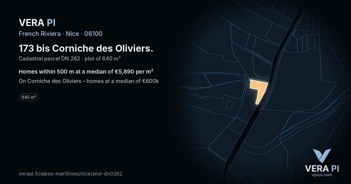 173 bis Corniche des Oliviers, Nice at night – the plot lit, the parcels around coloured by the prices near them