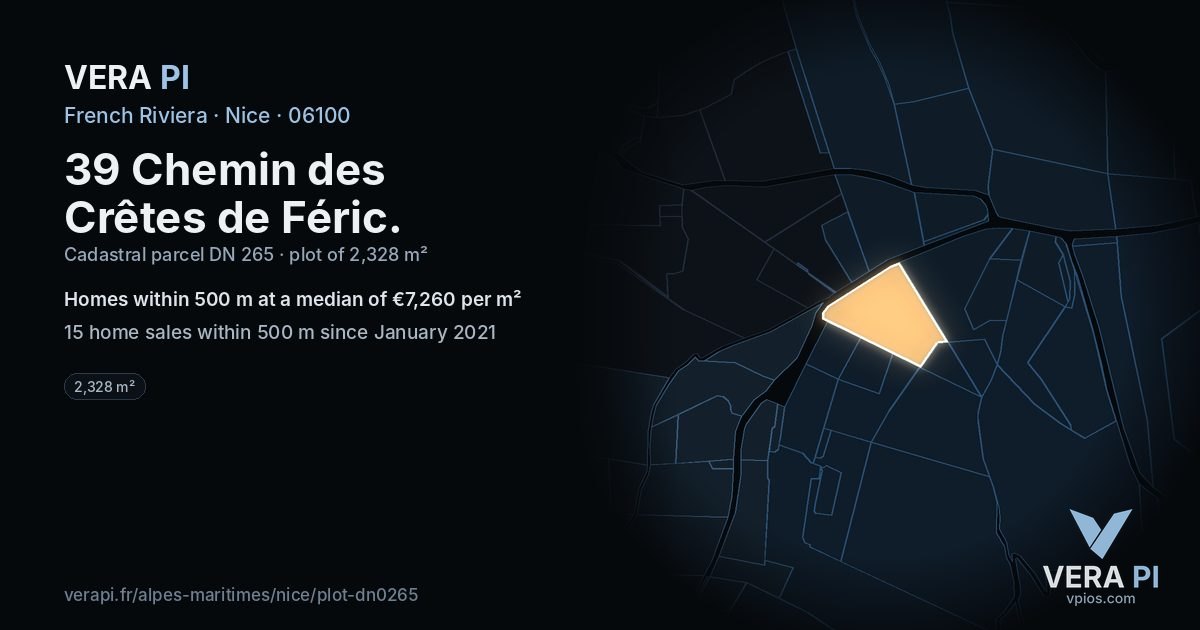 39 Chemin des Crêtes de Féric, Nice at night – the plot lit, the parcels around coloured by the prices near them