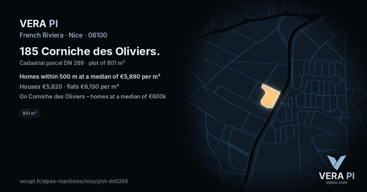 185 Corniche des Oliviers, Nice at night – the plot lit, the parcels around coloured by the prices near them