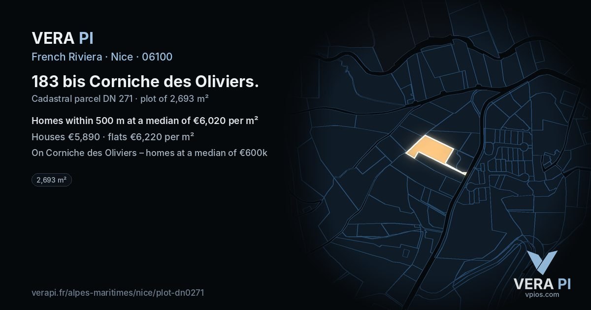 183 bis Corniche des Oliviers, Nice at night – the plot lit, the parcels around coloured by the prices near them