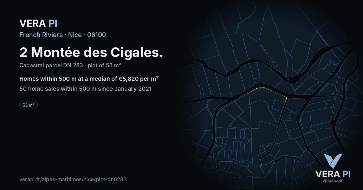 2 Montée des Cigales, Nice at night – the plot lit, the parcels around coloured by the prices near them