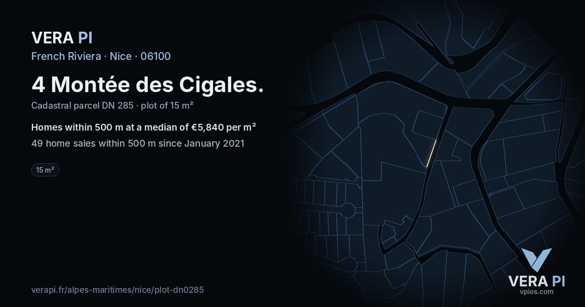 4 Montée des Cigales, Nice at night – the plot lit, the parcels around coloured by the prices near them