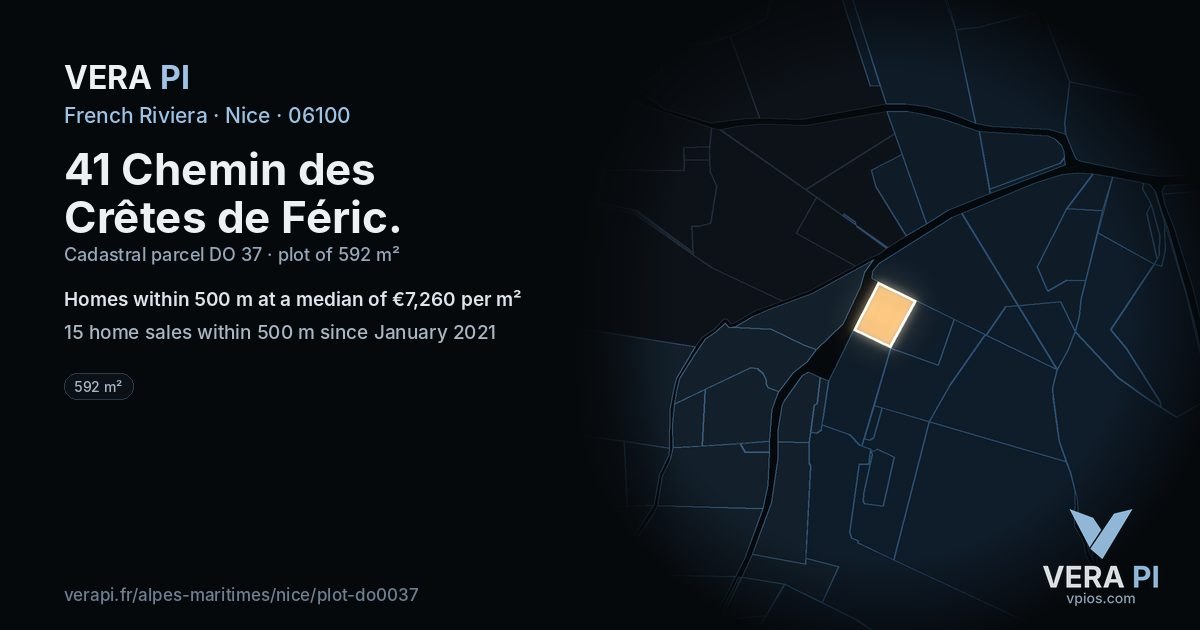 41 Chemin des Crêtes de Féric, Nice at night – the plot lit, the parcels around coloured by the prices near them