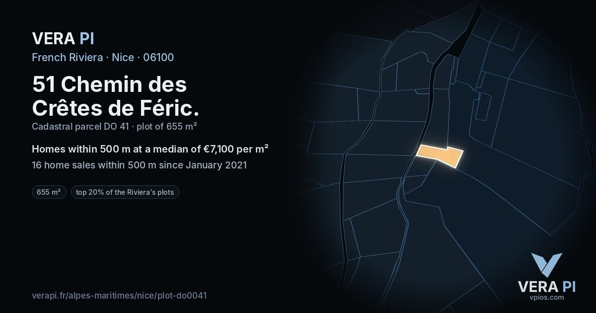51 Chemin des Crêtes de Féric, Nice at night – the plot lit, the parcels around coloured by the prices near them
