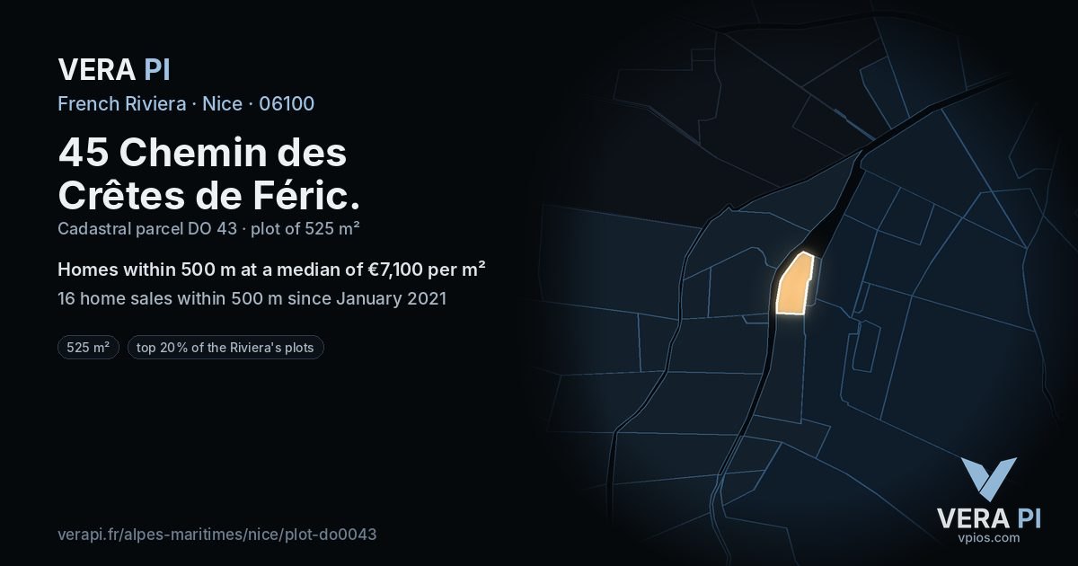 45 Chemin des Crêtes de Féric, Nice at night – the plot lit, the parcels around coloured by the prices near them