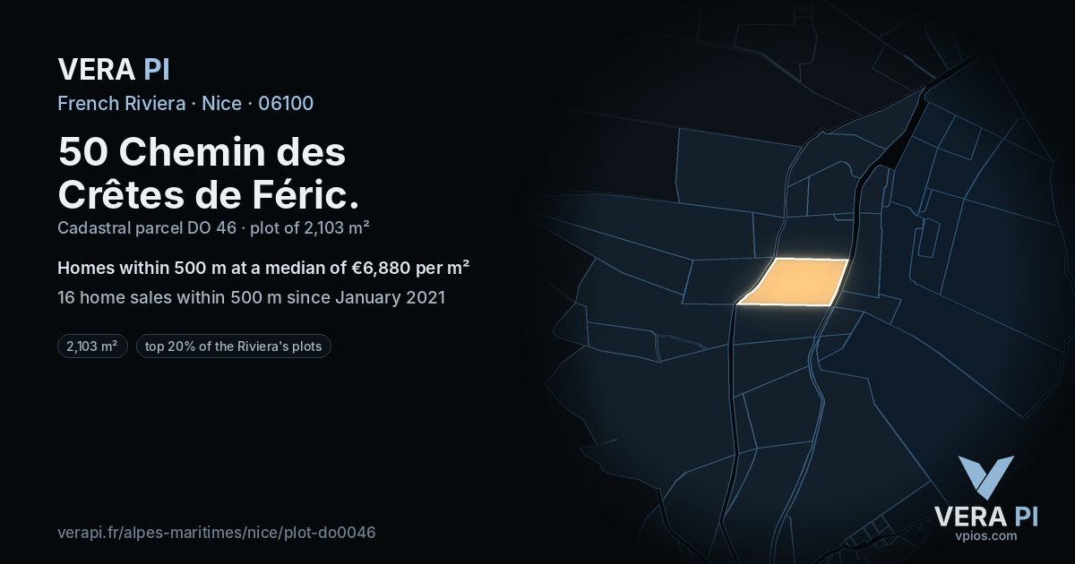 50 Chemin des Crêtes de Féric, Nice at night – the plot lit, the parcels around coloured by the prices near them