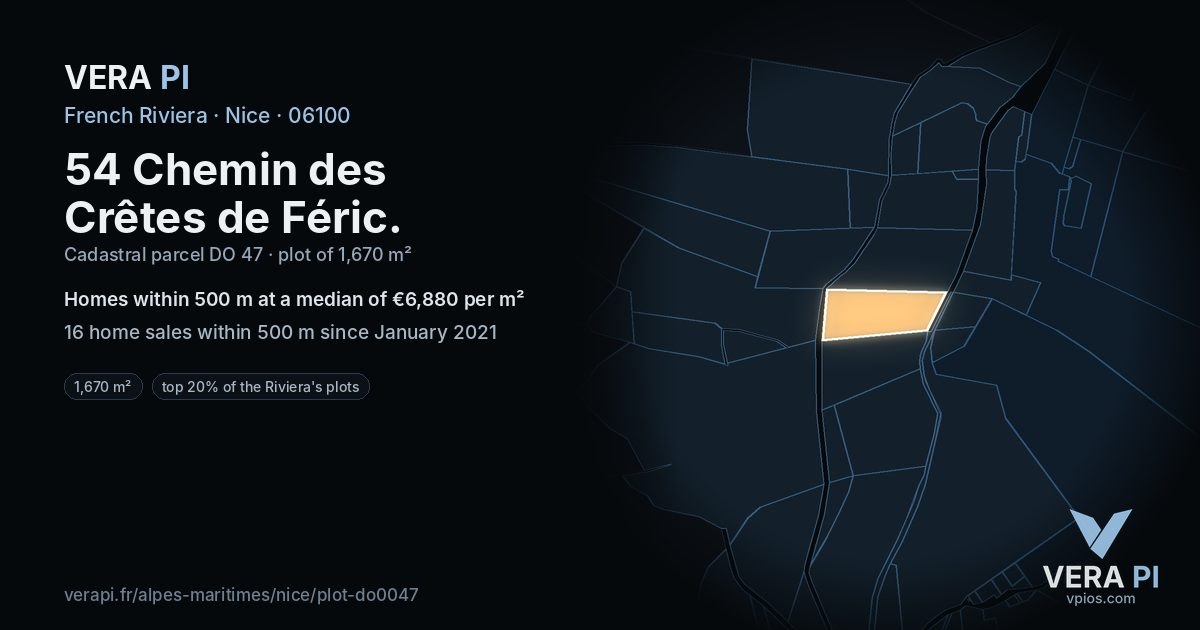 54 Chemin des Crêtes de Féric, Nice at night – the plot lit, the parcels around coloured by the prices near them