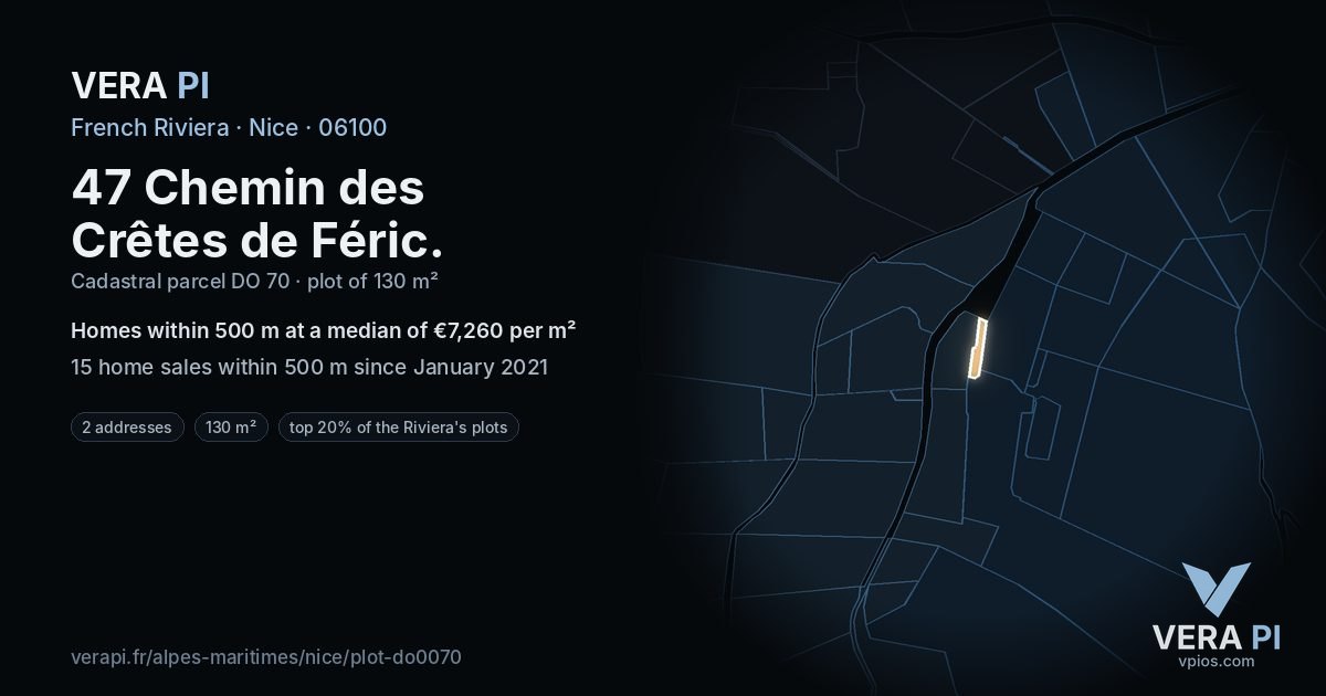 47 Chemin des Crêtes de Féric, Nice at night – the plot lit, the parcels around coloured by the prices near them