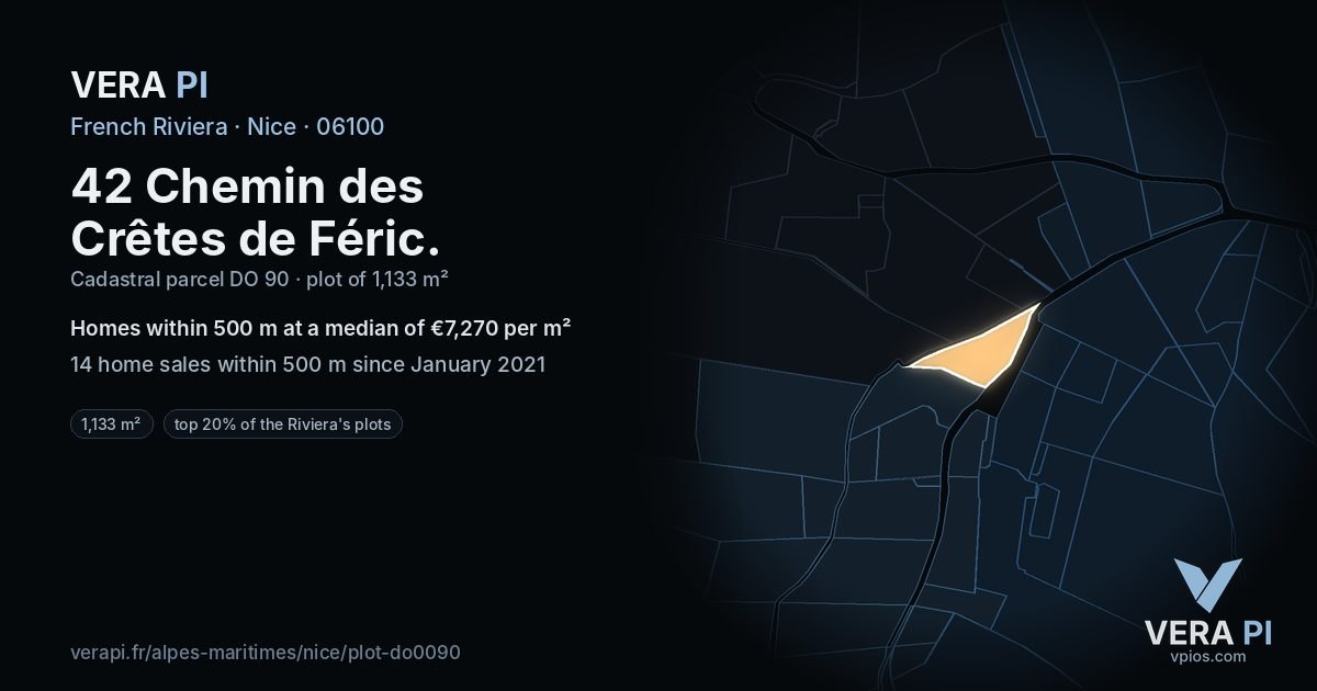 42 Chemin des Crêtes de Féric, Nice at night – the plot lit, the parcels around coloured by the prices near them
