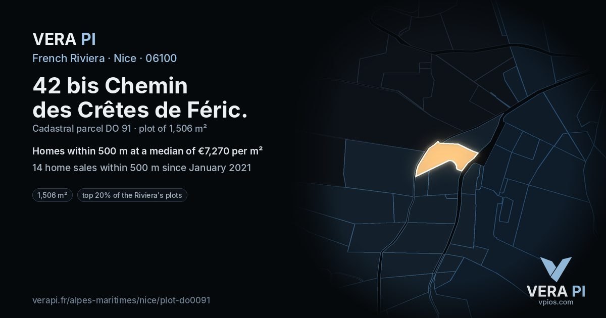 42 bis Chemin des Crêtes de Féric, Nice at night – the plot lit, the parcels around coloured by the prices near them