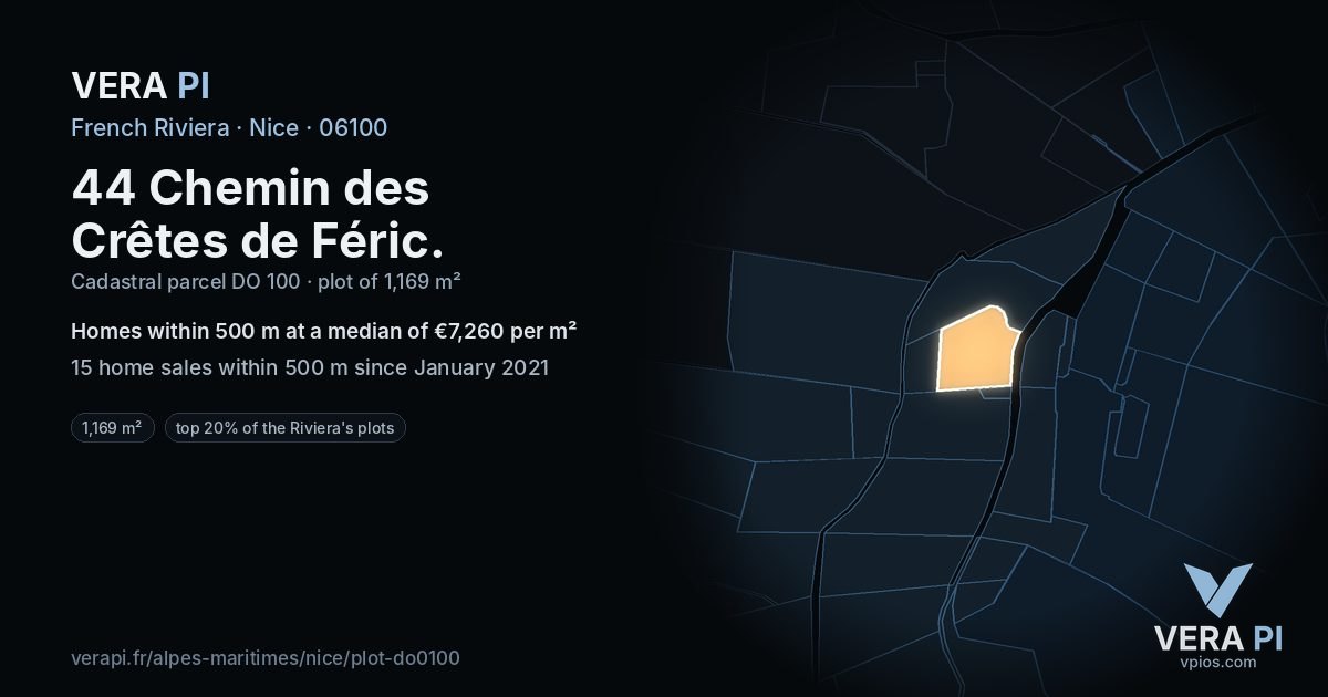 44 Chemin des Crêtes de Féric, Nice at night – the plot lit, the parcels around coloured by the prices near them