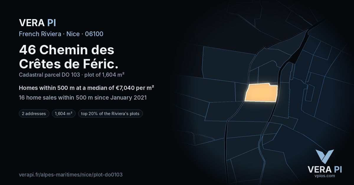 46 Chemin des Crêtes de Féric, Nice at night – the plot lit, the parcels around coloured by the prices near them