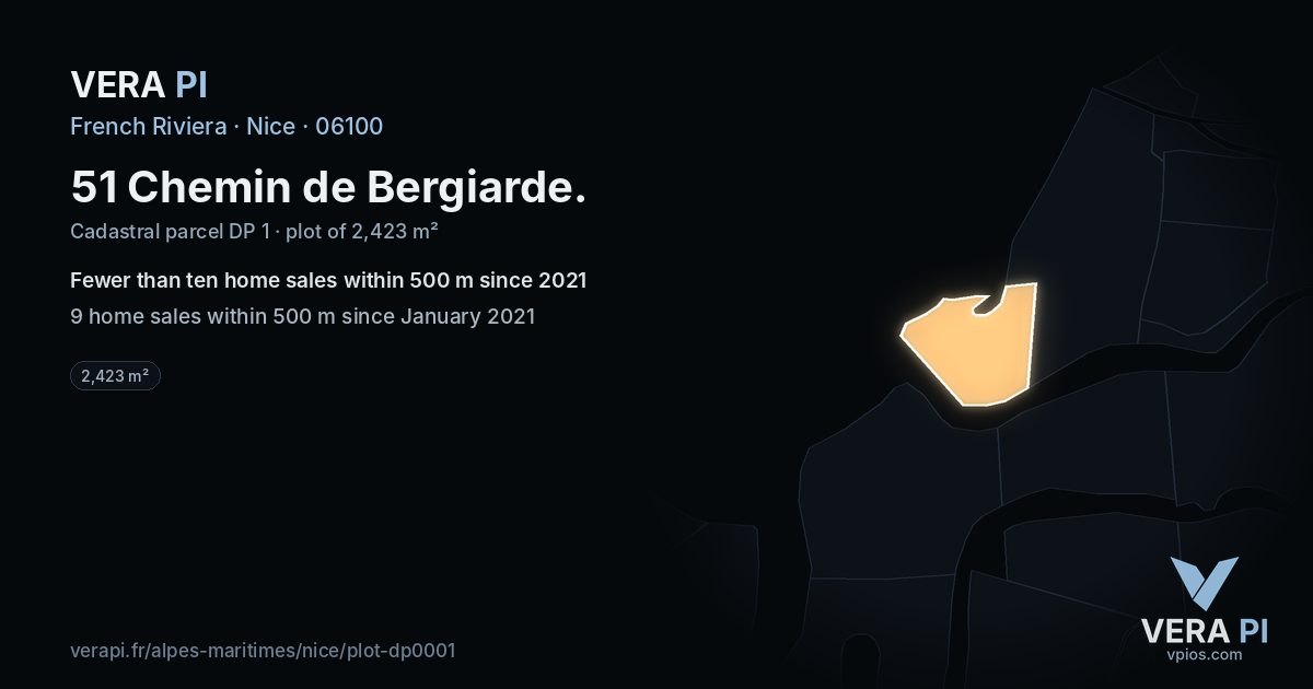 51 Chemin de Bergiarde, Nice at night – the plot lit, the parcels around coloured by the prices near them