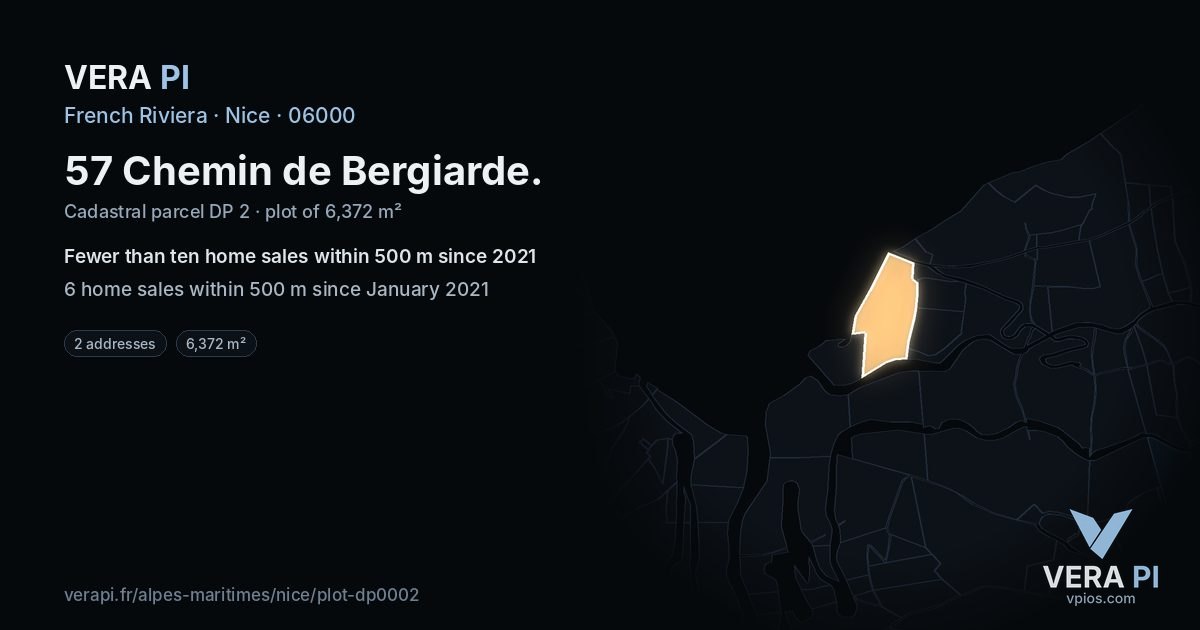 57 Chemin de Bergiarde, Nice at night – the plot lit, the parcels around coloured by the prices near them