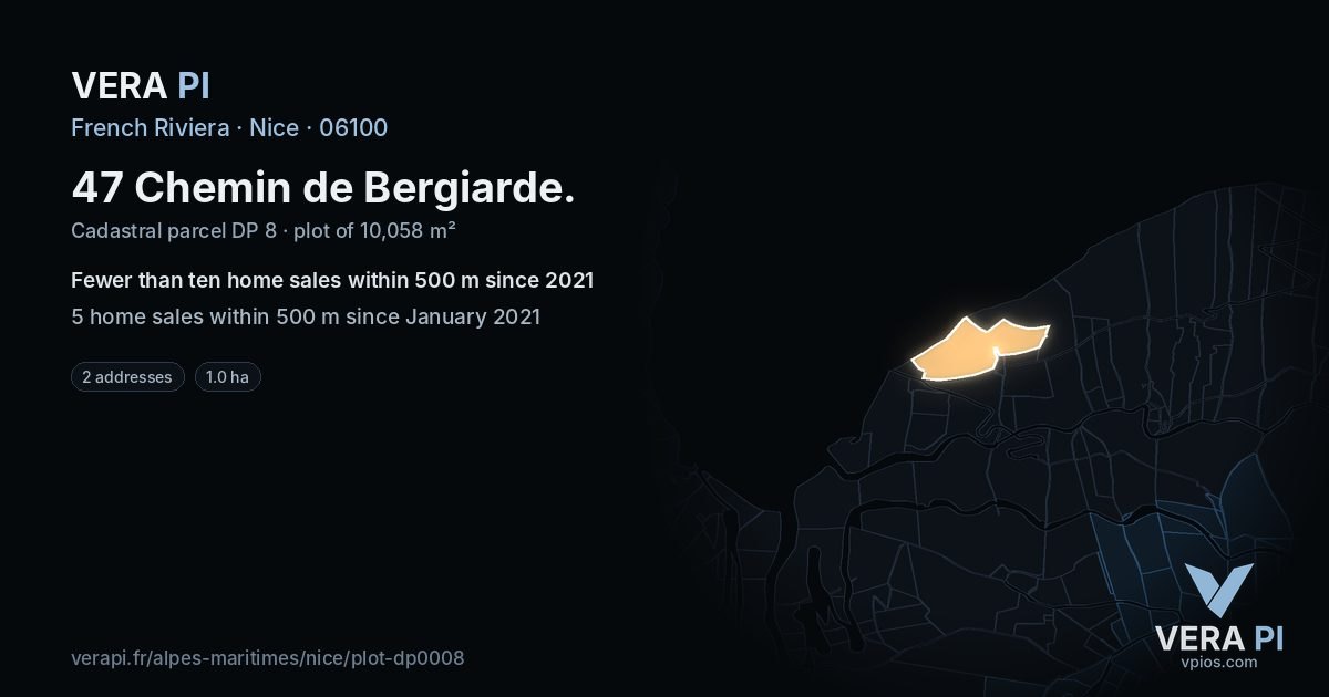47 Chemin de Bergiarde, Nice at night – the plot lit, the parcels around coloured by the prices near them