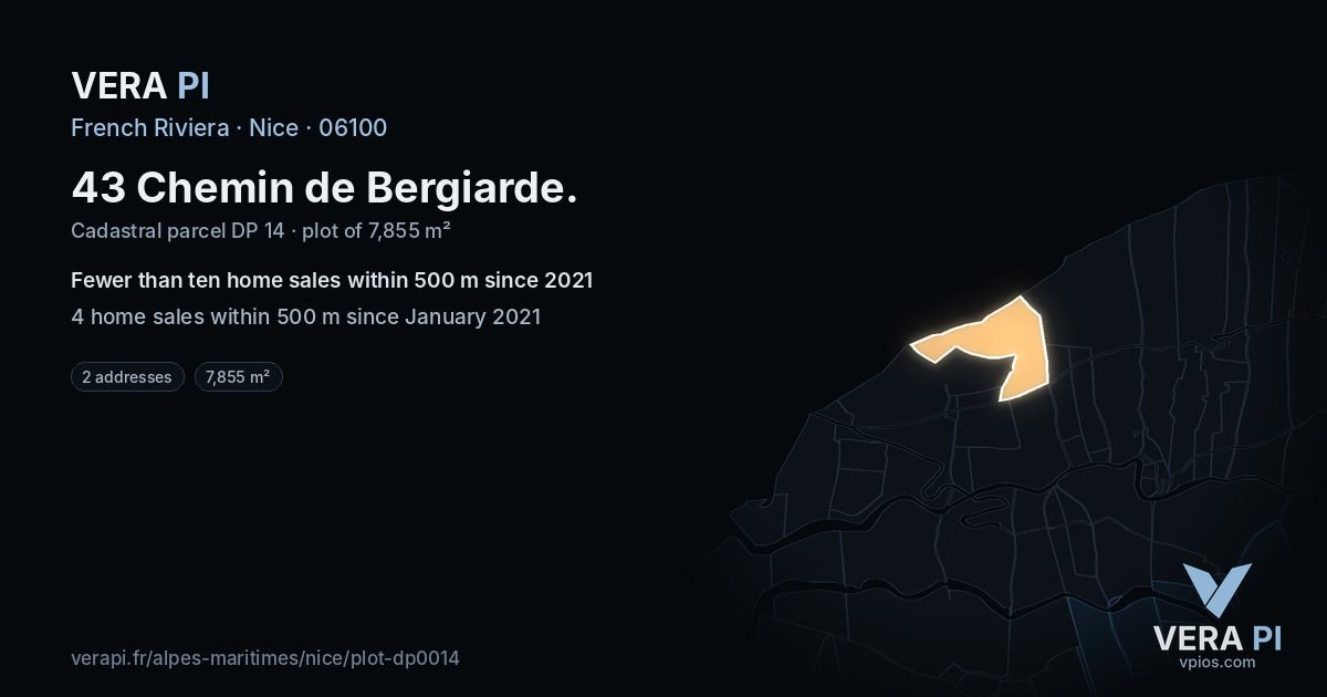 43 Chemin de Bergiarde, Nice at night – the plot lit, the parcels around coloured by the prices near them