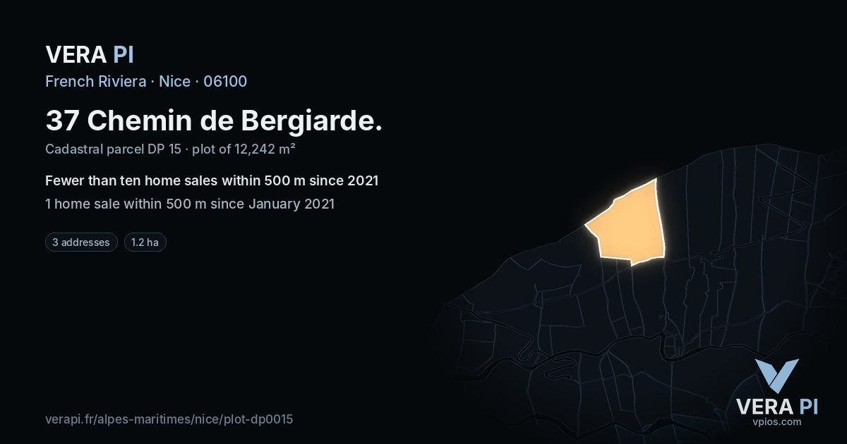 37 Chemin de Bergiarde, Nice at night – the plot lit, the parcels around coloured by the prices near them
