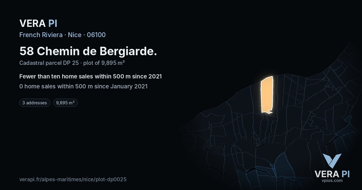 58 Chemin de Bergiarde, Nice at night – the plot lit, the parcels around coloured by the prices near them
