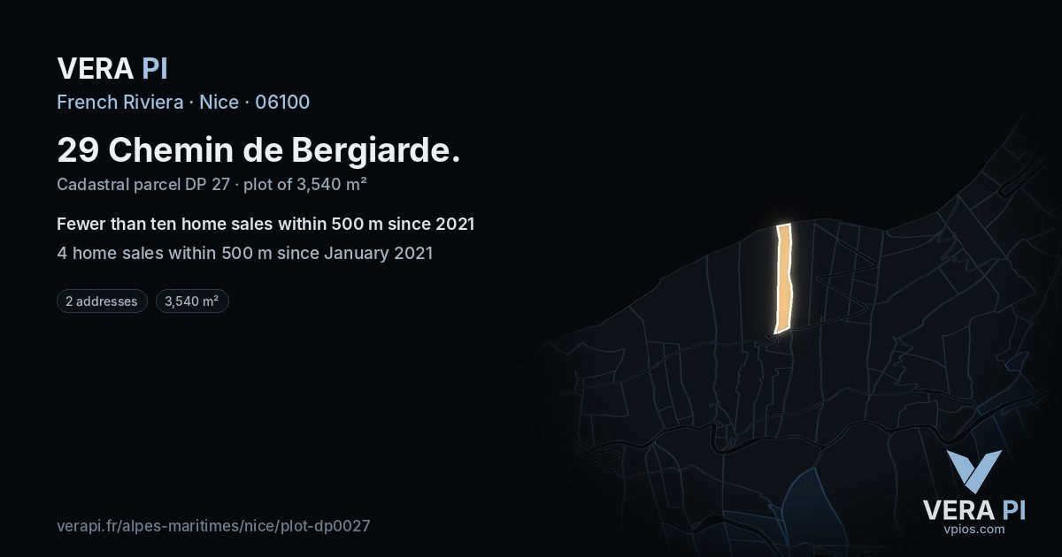29 Chemin de Bergiarde, Nice at night – the plot lit, the parcels around coloured by the prices near them