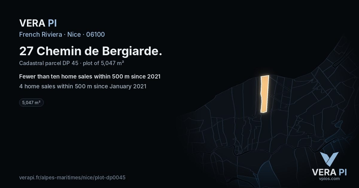27 Chemin de Bergiarde, Nice at night – the plot lit, the parcels around coloured by the prices near them