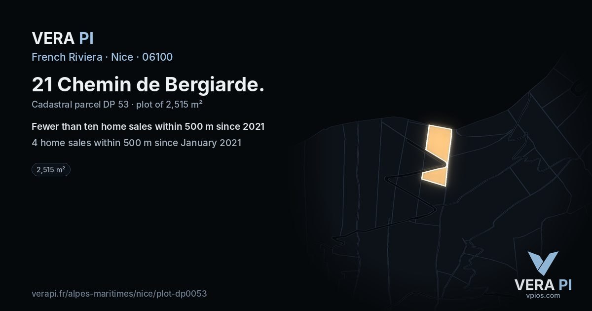 21 Chemin de Bergiarde, Nice at night – the plot lit, the parcels around coloured by the prices near them